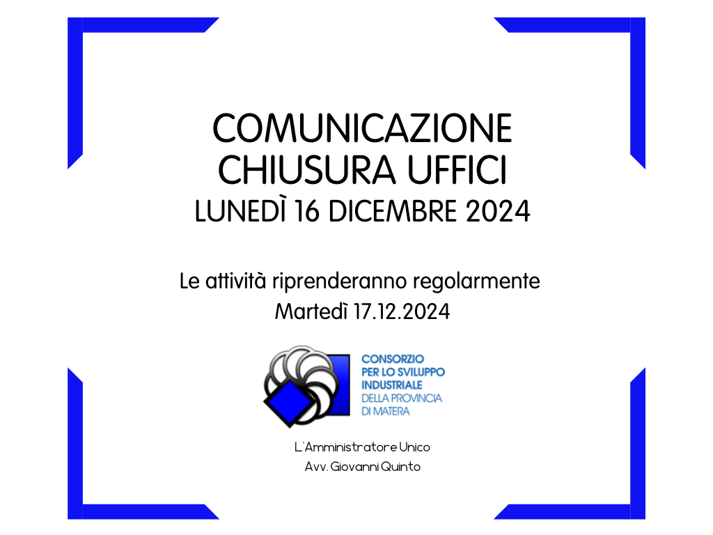 Comunicazione chiusura uffici lunedì 16 dicembre 2024