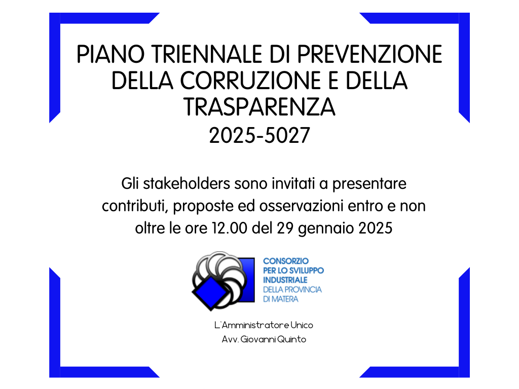 CSI Matera avvia Consultazione Pubblica per il Piano Triennale di Prevenzione della Corruzione e Trasparenza 2025-2027